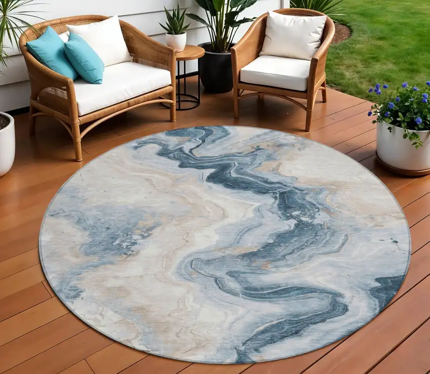 8' Beige And Navy Blue Round Abstract Washable Indoor Outdoor Area Rug Photo 2