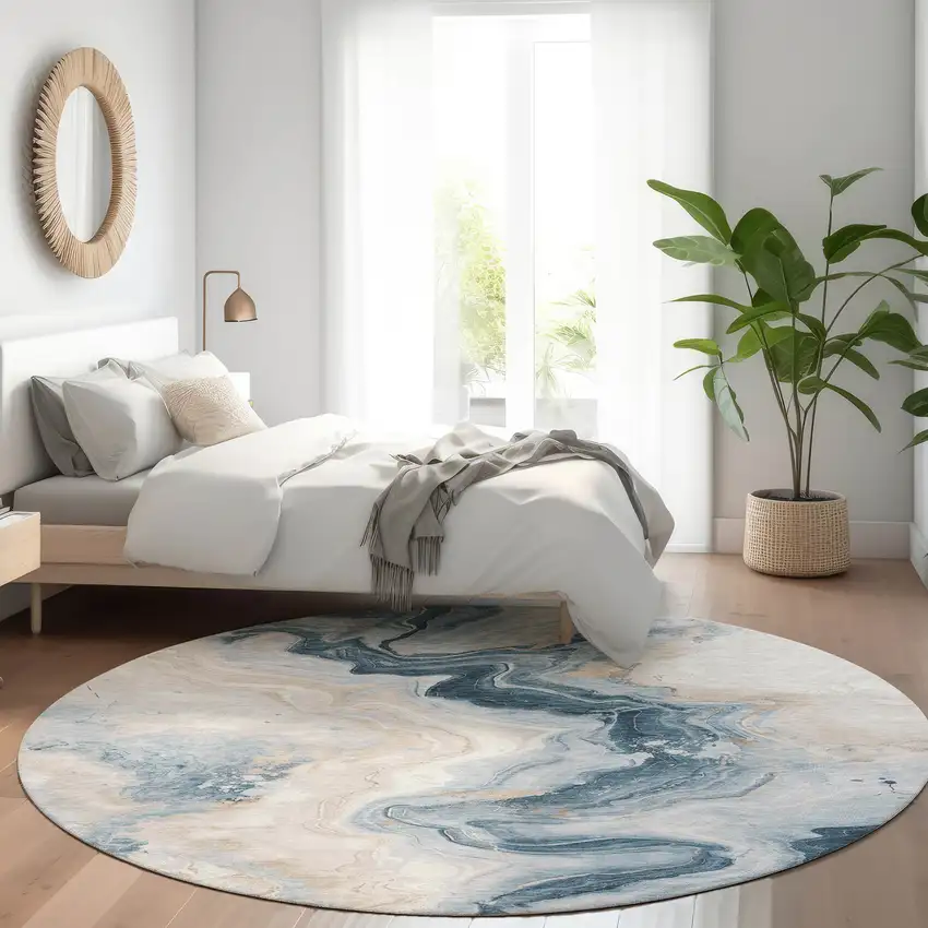 8' Beige And Navy Blue Round Abstract Washable Indoor Outdoor Area Rug Photo 6