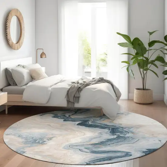 8' Beige And Navy Blue Round Abstract Washable Indoor Outdoor Area Rug Photo 6