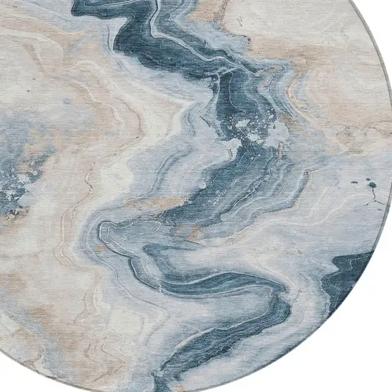8' Beige And Navy Blue Round Abstract Washable Indoor Outdoor Area Rug Photo 9