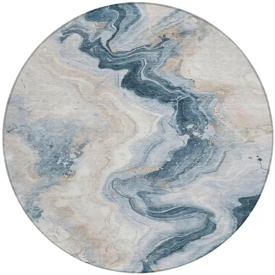 8' Beige And Navy Blue Round Abstract Washable Indoor Outdoor Area Rug Photo 4