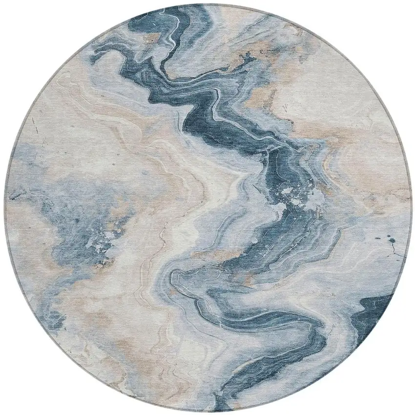 8' Beige And Navy Blue Round Abstract Washable Indoor Outdoor Area Rug Photo 4