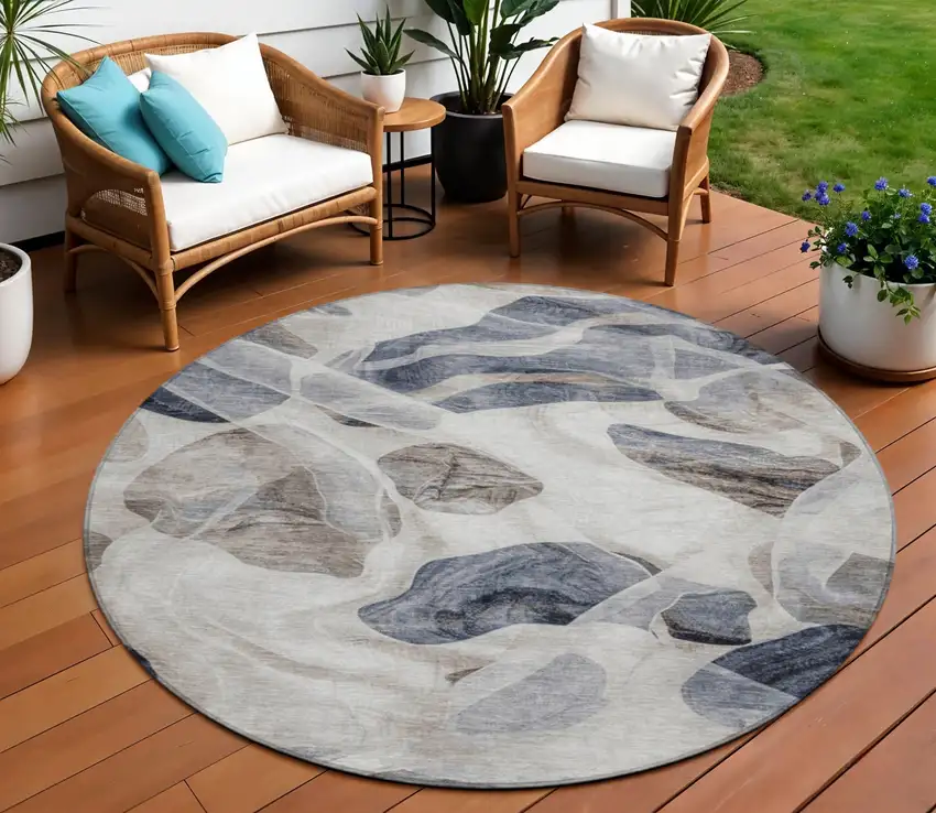 8' Beige And Navy Blue Round Abstract Washable Indoor Outdoor Area Rug Photo 2