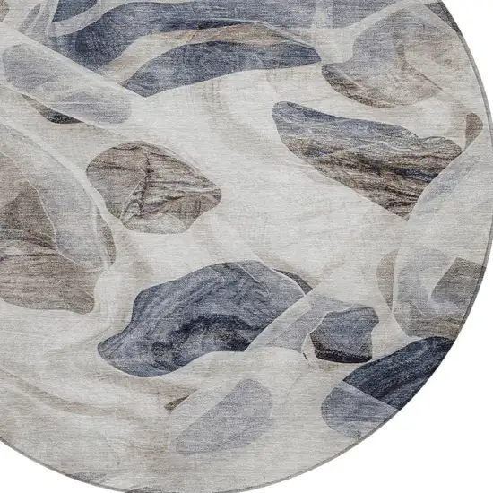 8' Beige And Navy Blue Round Abstract Washable Indoor Outdoor Area Rug Photo 8