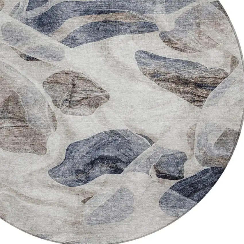 8' Beige And Navy Blue Round Abstract Washable Indoor Outdoor Area Rug Photo 8