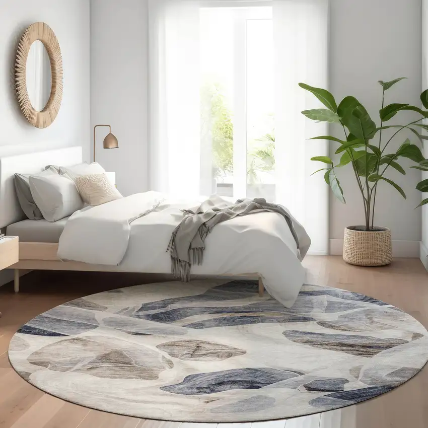 8' Beige And Navy Blue Round Abstract Washable Indoor Outdoor Area Rug Photo 6