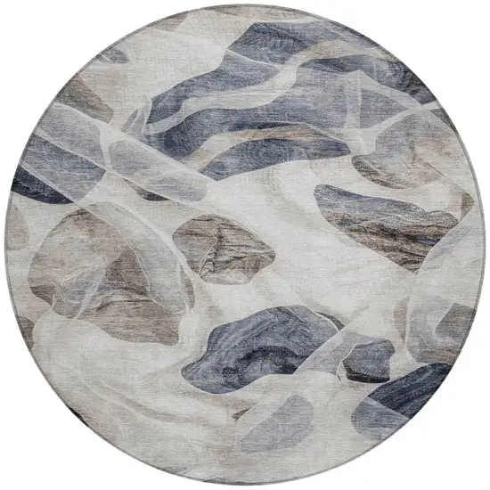 8' Beige And Navy Blue Round Abstract Washable Indoor Outdoor Area Rug Photo 3