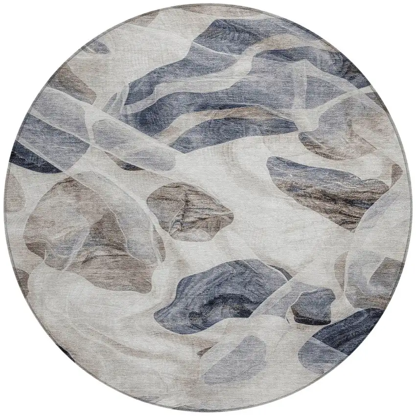 8' Beige And Navy Blue Round Abstract Washable Indoor Outdoor Area Rug Photo 3