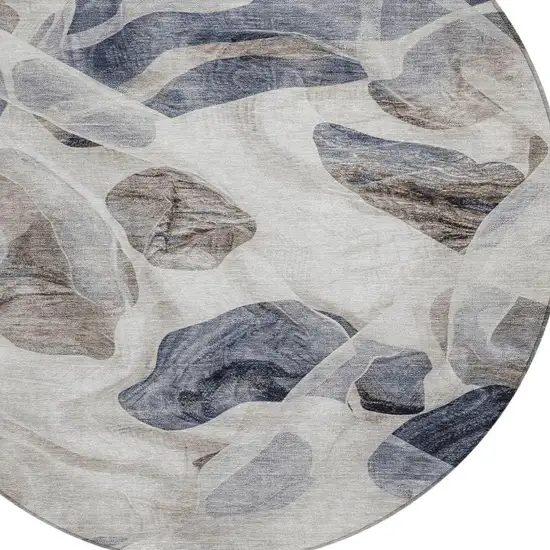 8' Beige And Navy Blue Round Abstract Washable Indoor Outdoor Area Rug Photo 4