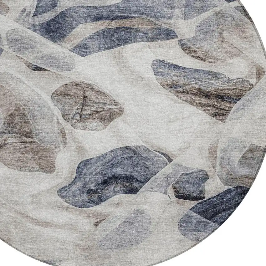 8' Beige And Navy Blue Round Abstract Washable Indoor Outdoor Area Rug Photo 4