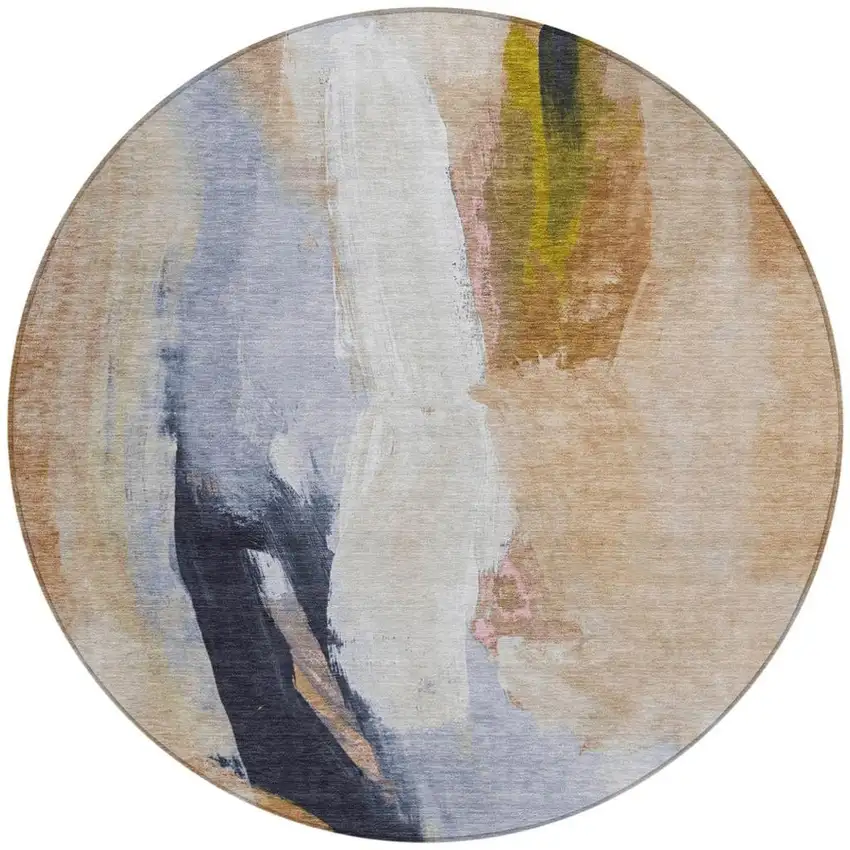 8' Beige And Navy Blue Round Abstract Washable Indoor Outdoor Area Rug Photo 3