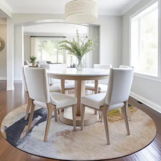 8' Beige And Navy Blue Round Abstract Washable Indoor Outdoor Area Rug Photo 6