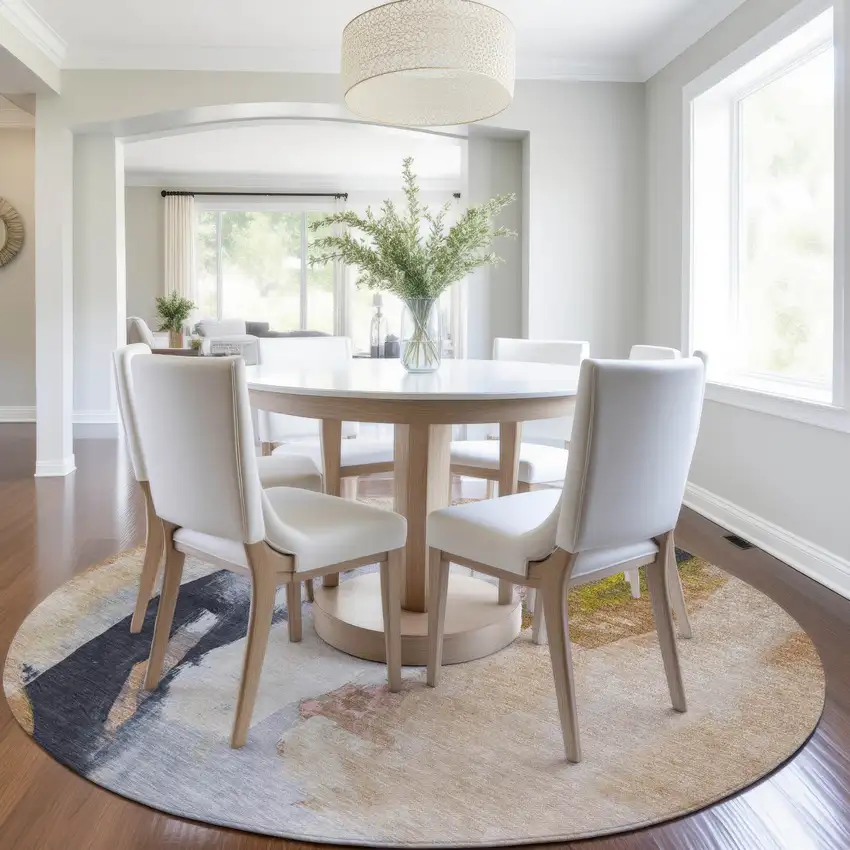 8' Beige And Navy Blue Round Abstract Washable Indoor Outdoor Area Rug Photo 6