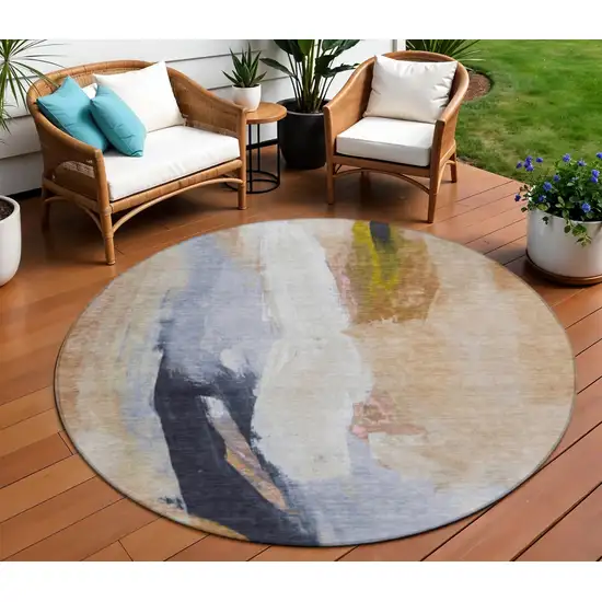 8' Beige And Navy Blue Round Abstract Washable Indoor Outdoor Area Rug Photo 2