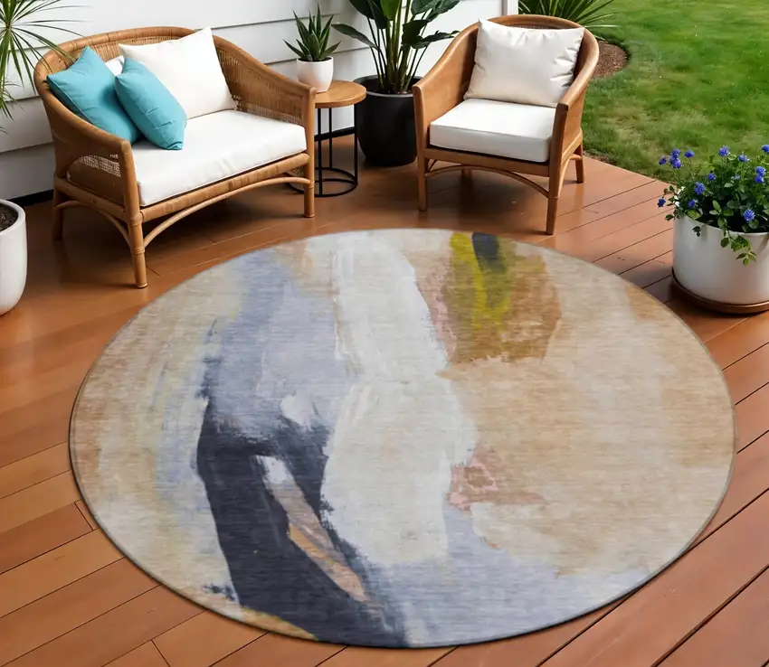8' Beige And Navy Blue Round Abstract Washable Indoor Outdoor Area Rug Photo 2