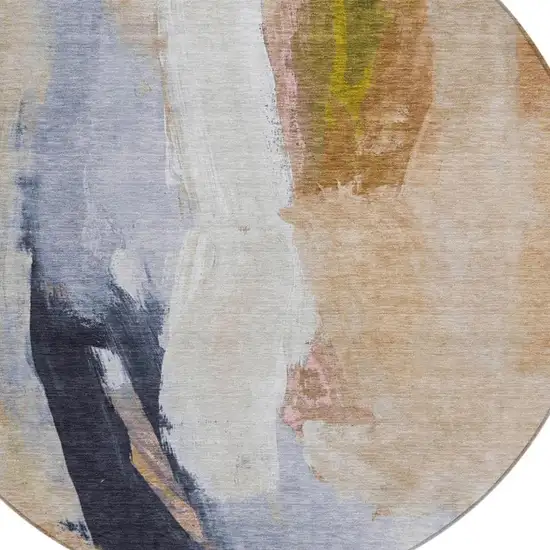 8' Beige And Navy Blue Round Abstract Washable Indoor Outdoor Area Rug Photo 4