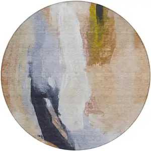 Photo of 8' Beige And Navy Blue Round Abstract Washable Indoor Outdoor Area Rug