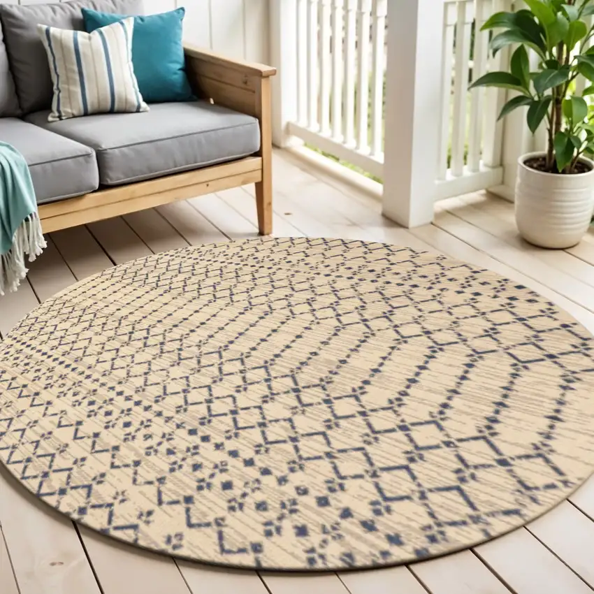 5' Beige And Navy Blue Round Trellis Indoor Outdoor Area Rug Photo 1