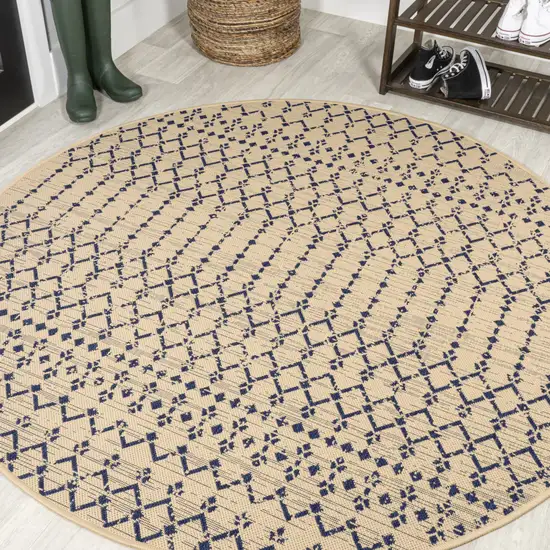 9' Beige And Navy Blue Round Trellis Indoor Outdoor Area Rug Photo 4