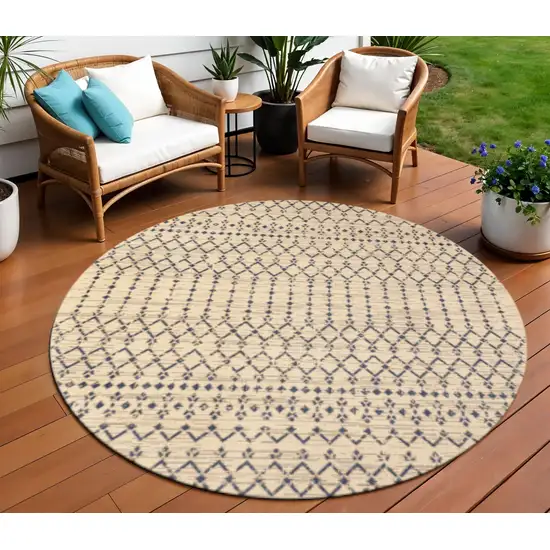 9' Beige And Navy Blue Round Trellis Indoor Outdoor Area Rug Photo 1