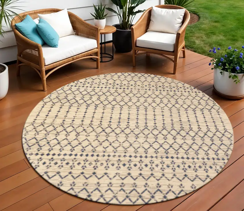 9' Beige And Navy Blue Round Trellis Indoor Outdoor Area Rug Photo 1