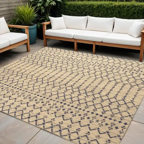 5' Beige And Navy Blue Square Trellis Indoor Outdoor Area Rug Photo 1