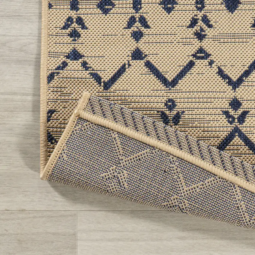 4' Beige And Navy Blue Square Trellis Indoor Outdoor Area Rug Photo 5
