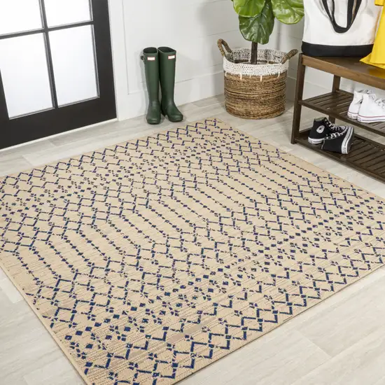 4' Beige And Navy Blue Square Trellis Indoor Outdoor Area Rug Photo 4