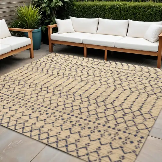 6' Beige And Navy Blue Square Trellis Indoor Outdoor Area Rug Photo 1