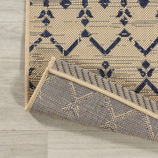 9' Beige And Navy Blue Square Trellis Indoor Outdoor Area Rug Photo 5