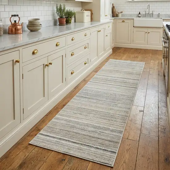 8' Beige And Navy Blue Striped Runner Rug Photo 1