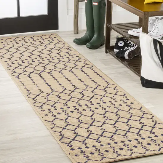 10' Beige And Navy Blue Trellis Indoor Outdoor Runner Rug Photo 4