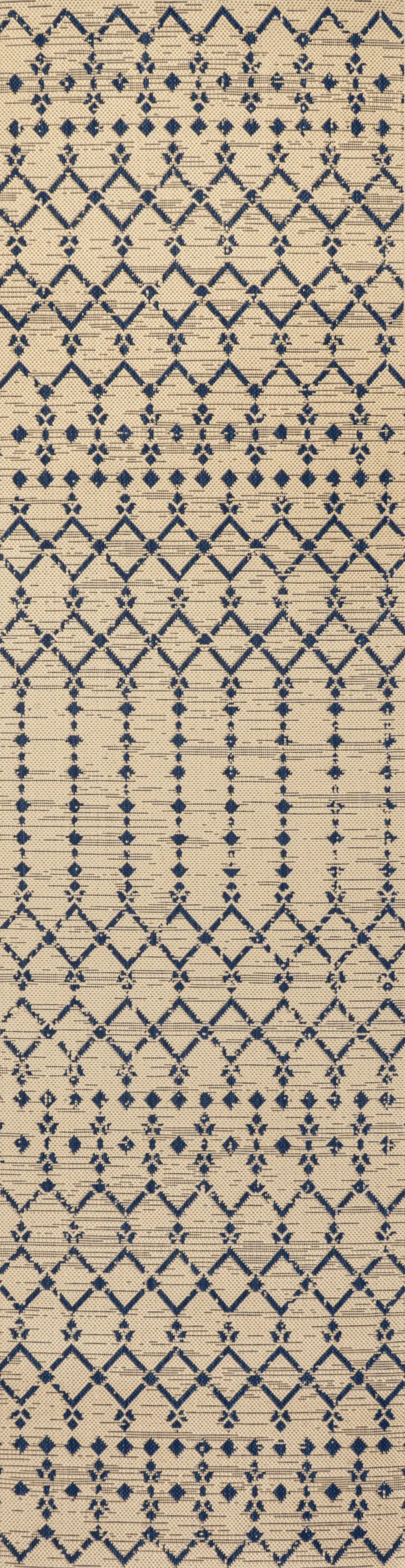 10' Beige And Navy Blue Trellis Indoor Outdoor Runner Rug Photo 3