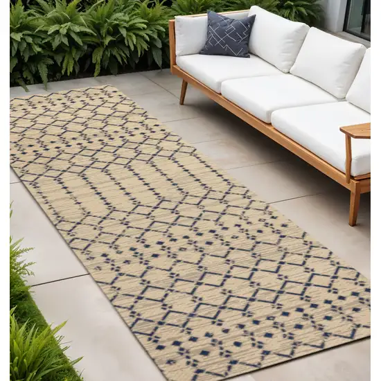 10' Beige And Navy Blue Trellis Indoor Outdoor Runner Rug Photo 1