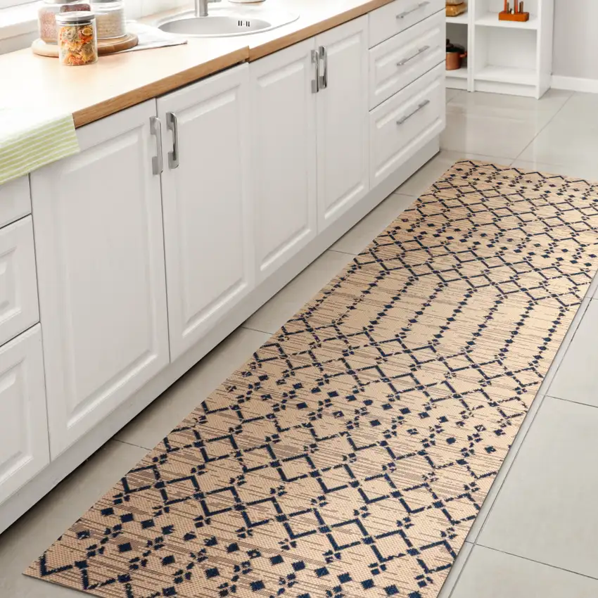 10' Beige And Navy Blue Trellis Indoor Outdoor Runner Rug Photo 6