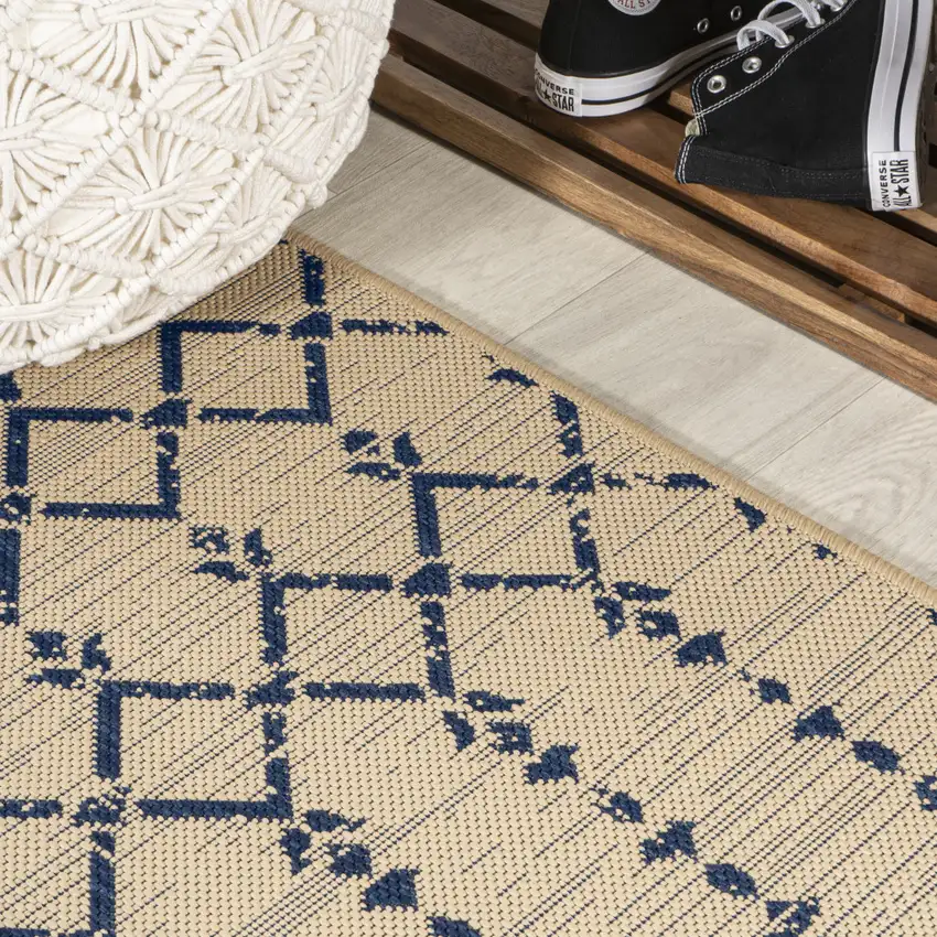 10' Beige And Navy Blue Trellis Indoor Outdoor Runner Rug Photo 7