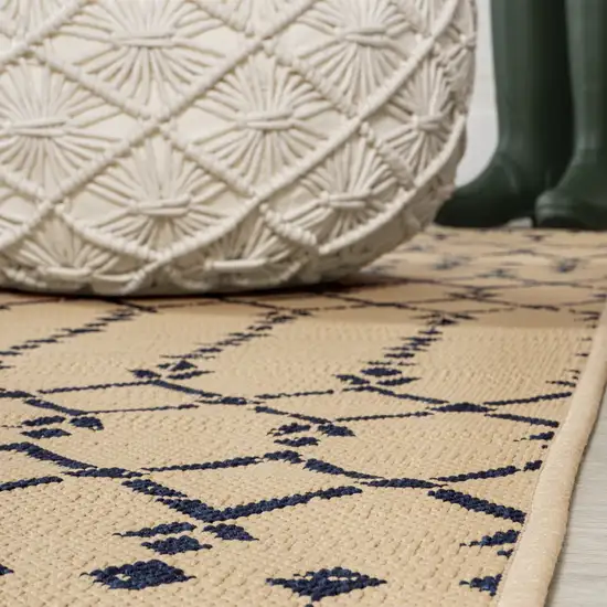 10' Beige And Navy Blue Trellis Indoor Outdoor Runner Rug Photo 8