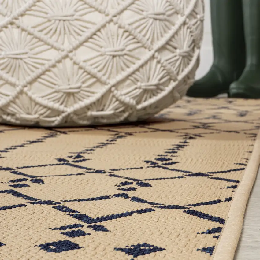 10' Beige And Navy Blue Trellis Indoor Outdoor Runner Rug Photo 8