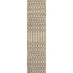 Photo of 10' Beige And Navy Blue Trellis Indoor Outdoor Runner Rug