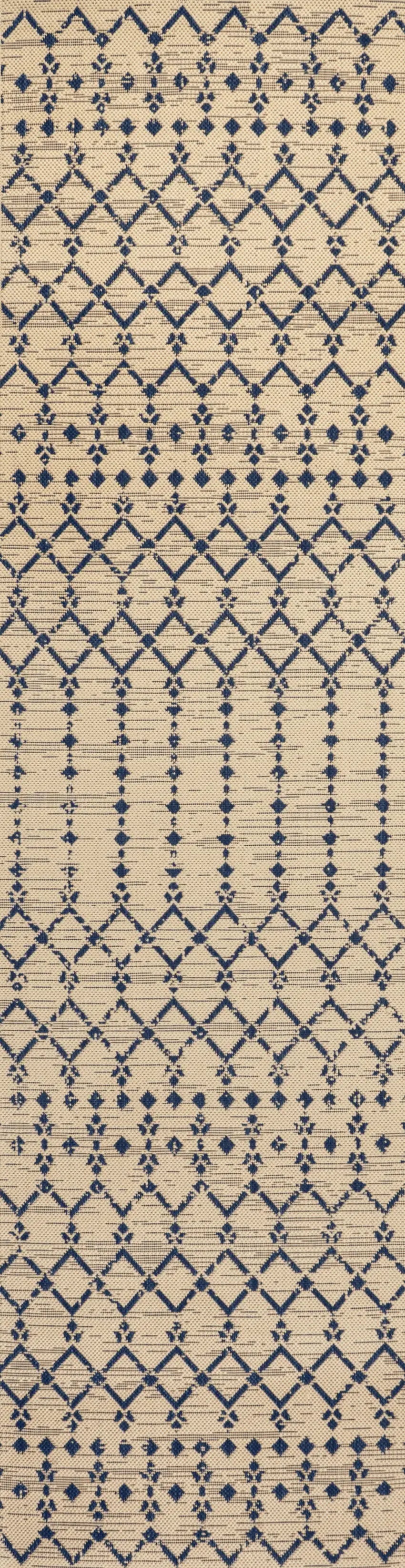 8' Beige And Navy Blue Trellis Indoor Outdoor Runner Rug Photo 1