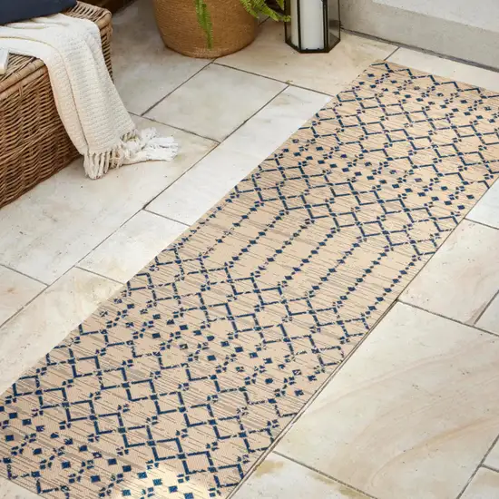 8' Beige And Navy Blue Trellis Indoor Outdoor Runner Rug Photo 5