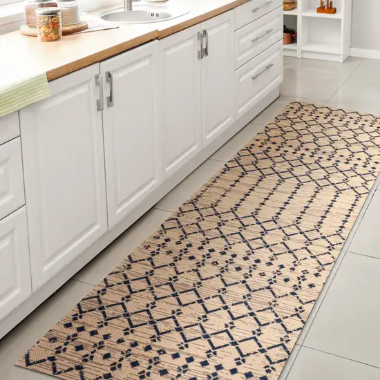 8' Beige And Navy Blue Trellis Indoor Outdoor Runner Rug Photo 6