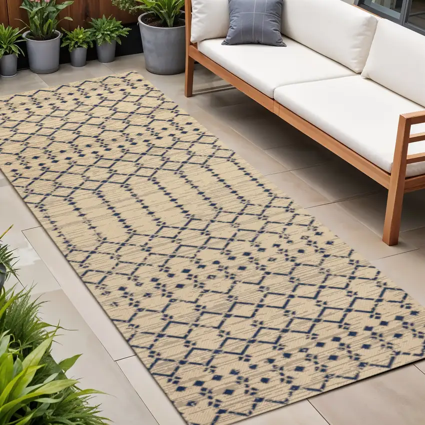 8' Beige And Navy Blue Trellis Indoor Outdoor Runner Rug Photo 1