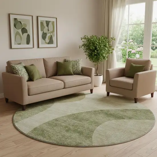 8' Beige And Olive Green Geometric Washable Round Rug With UV Protection Photo 1