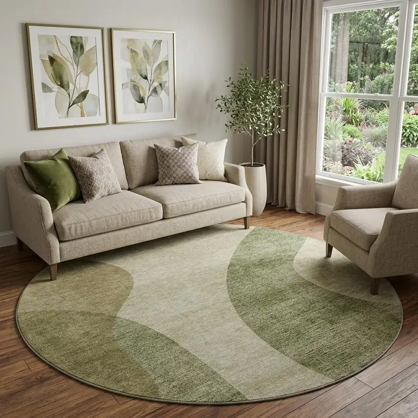 8' Beige And Olive Green Geometric Washable Round Rug With UV Protection Photo 1