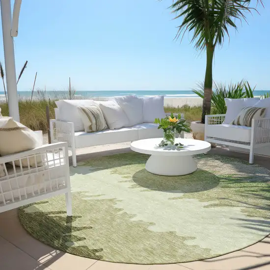 8' Beige And Olive Green Round Striped Washable Indoor Outdoor Area Rug Photo 6