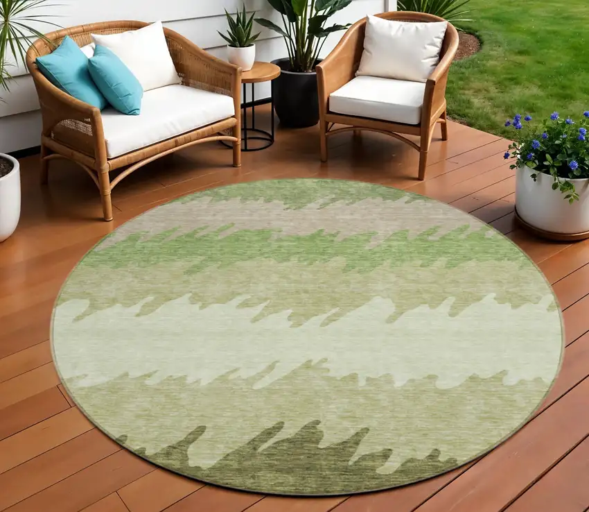 8' Beige And Olive Green Round Striped Washable Indoor Outdoor Area Rug Photo 1