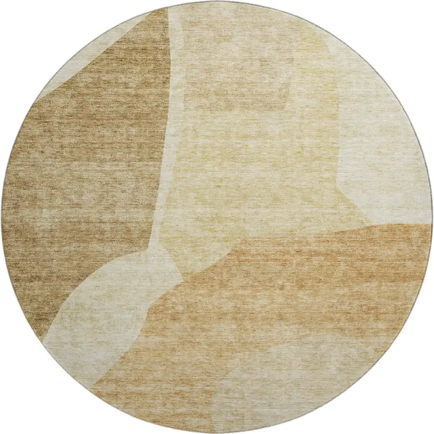 8' Beige And Orange Abstract Washable Round Rug With UV Protection Photo 1