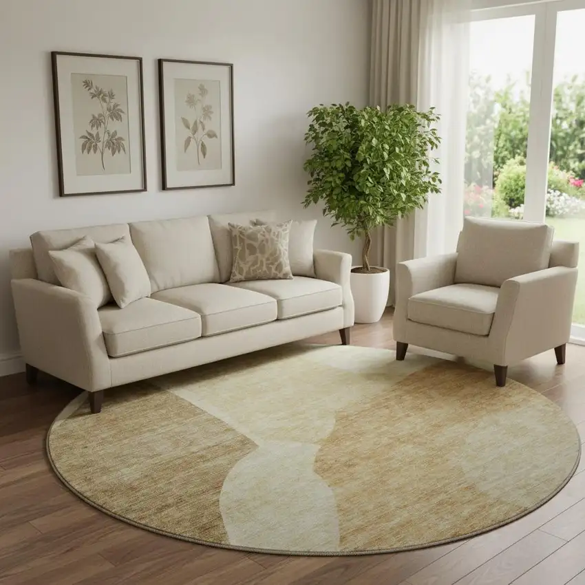 8' Beige And Orange Abstract Washable Round Rug With UV Protection Photo 1