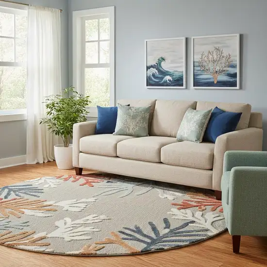 8' Beige And Orange Coral Round Rug Photo 1